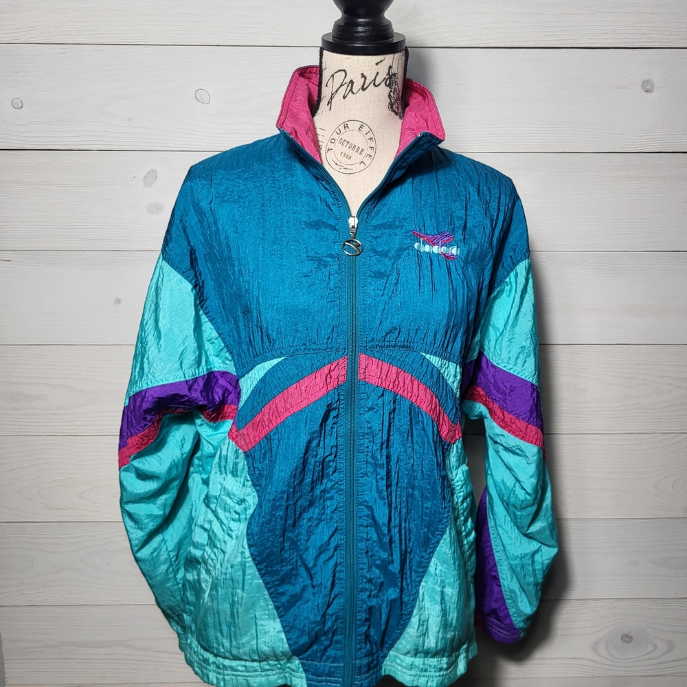 Vintage Diadora Windbreaker Jacket Spring Colorful Zip Up.